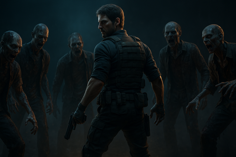 3d game trailer, a man standing between zombies
