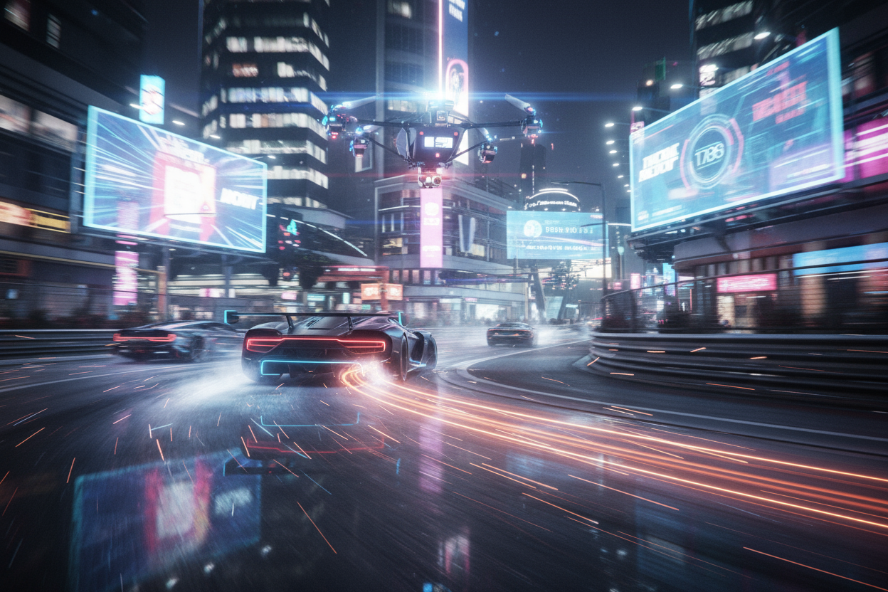 A high-octane 3D animated cutscene from a futuristic racing video game — ultra-realistic hypercars speeding through neon-lit city streets at night. Dynamic motion blur, flying sparks, glowing reflections on wet asphalt, and holographic billboards in the background. The lead car drifts around a corner as drones capture the action from above. Smoke, lens flare, and cinematic lighting emphasize speed and intensity. Unreal Engine 5 render, volumetric lighting, detailed car reflections, cinematic composition, 8K