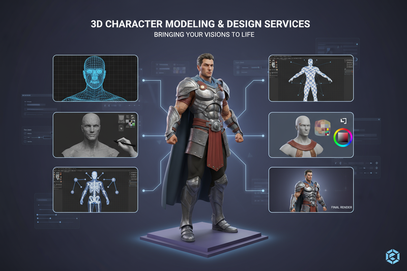 Design a single banner image combining multiple modes and stages of character creation in one seamless composition.