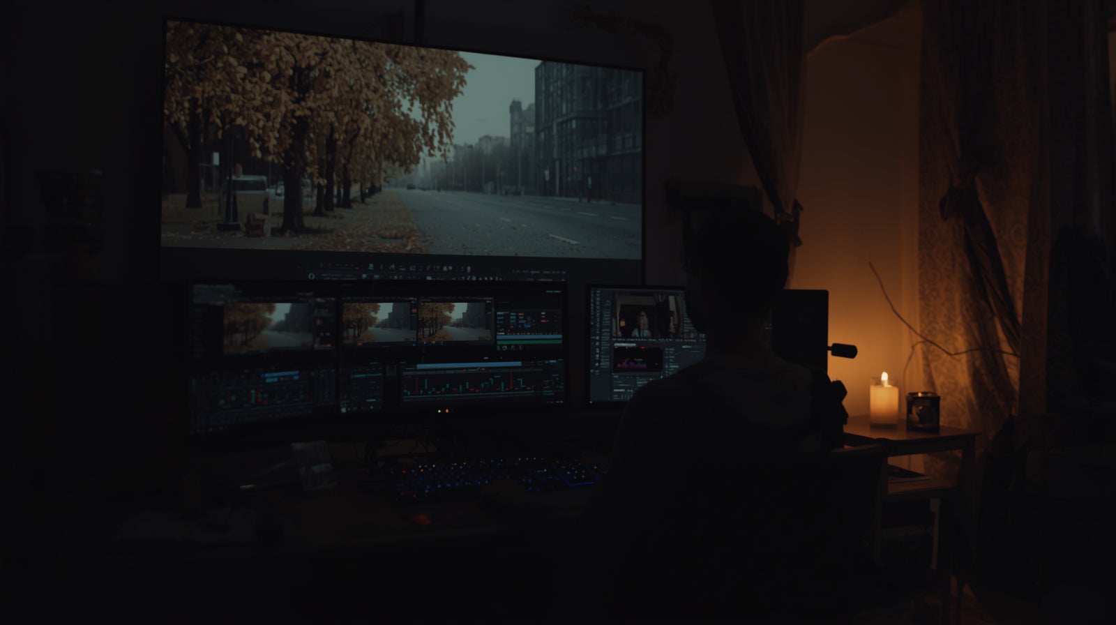 Lucid_Origin_Depict_a_lone_video_editor_working_late_in_a_dim__2