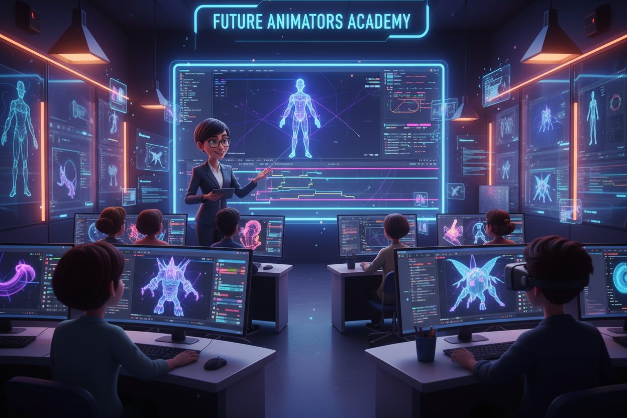a 3d animated classroom, teacher teaching students on 3d animation designing, hero banner