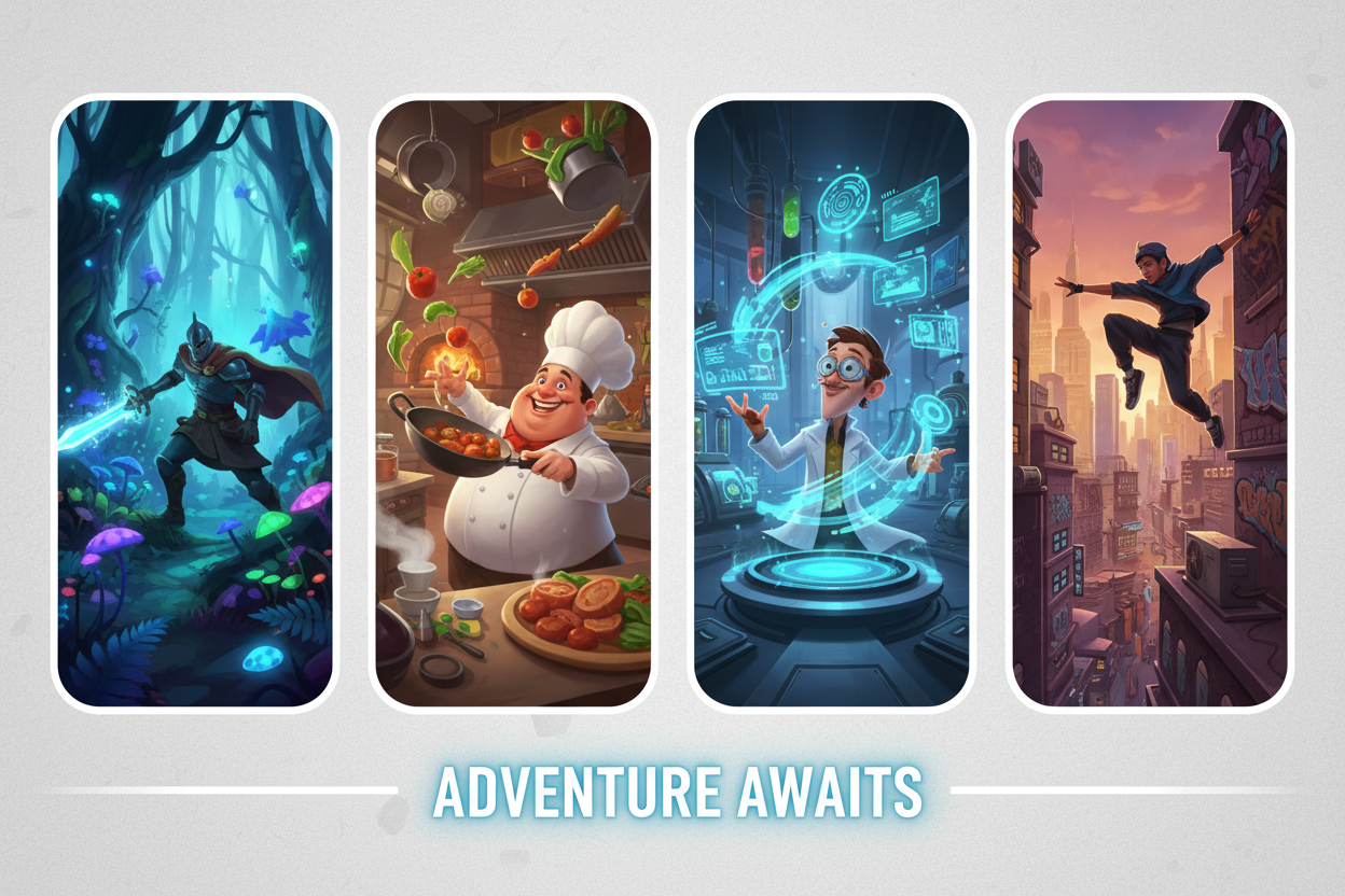 a hero banner size image of 4 animated characters collage, in different situations, and different environment