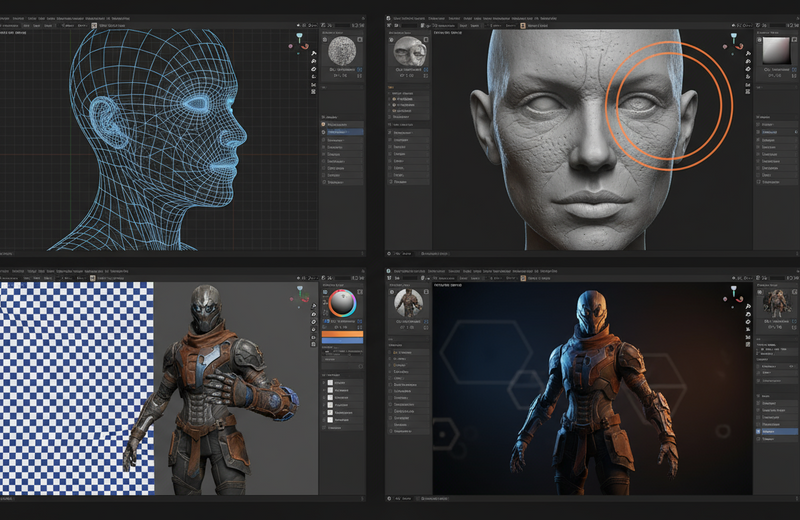  a professional portfolio banner image divided into four distinct panels, each showcasing a key stage of 3D character creation workflow inside software interfaces.