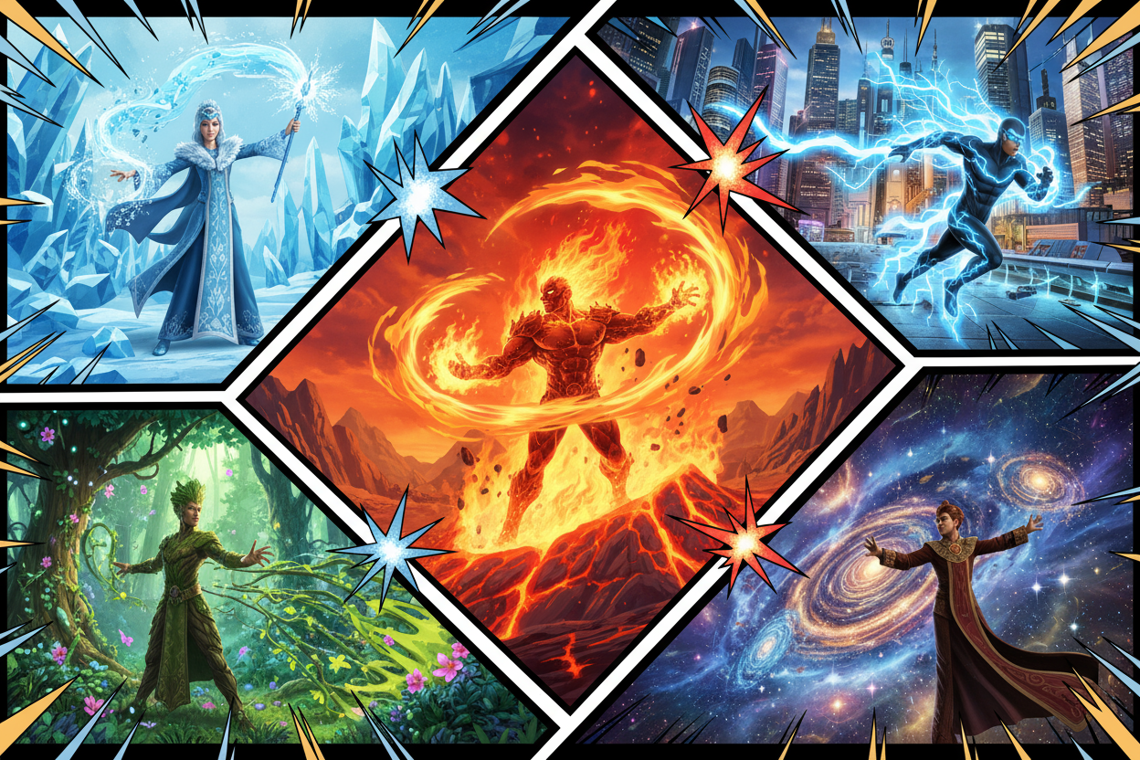 collage of 5 3d animated characters with their powers in 5 different themes collaged