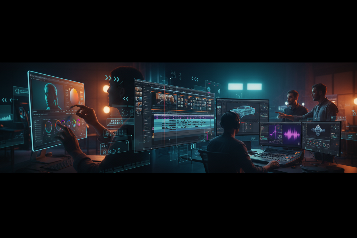 Create a panoramic hero banner illustrating various stages and perspectives of professional video editing in a vibrant, cinematic style. Show close-up shots of hands adjusting color grading, a computer screen with timeline editing, behind-the-scenes of a creative team collaborating, and detailed views of 3D modeling, visual effects, and sound mixing. Incorporate transparency overlays of editing tools, motion graphics, and timelines blending into a seamless flow. Use dramatic lighting and perspective shifts 