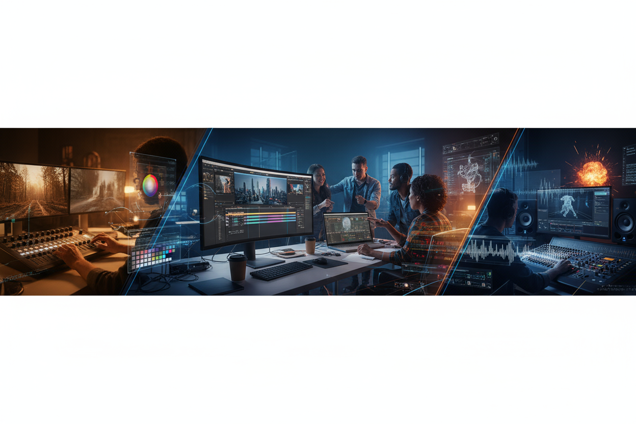 Create a panoramic hero banner illustrating various stages and perspectives of professional video editing in a vibrant, cinematic style. Show close-up shots of hands adjusting color grading, a computer screen with timeline editing, behind-the-scenes of a creative team collaborating, and detailed views of 3D modeling, visual effects, and sound mixing. Incorporate transparency overlays of editing tools, motion graphics, and timelines blending into a seamless flow. Use dramatic lighting and perspective shifts 