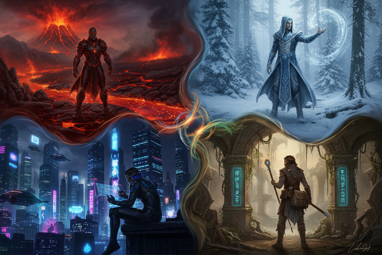 "Design a dynamic scene showcasing multiple characters, each placed in distinct environments within one frame — from a fiery volcanic landscape to a serene snowy forest, a futuristic cityscape, and a mystical ancient ruin. The composition should highlight the unique traits of each character and environment while maintaining visual harmony and storytelling cohesion."