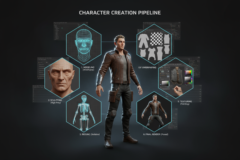 "Design a single banner image combining multiple modes and stages of character creation in one seamless composition. Feature a central, fully textured 3D character model alongside smaller inset panels showing various phases: initial wireframe topology, high-detail sculpting close-ups, UV unwrapping grids, texture painting in progress, rigging bone structures, and final rendered poses. Incorporate realistic software interface elements subtly to highlight each stage’s workflow. Use a clean, modern, and techni