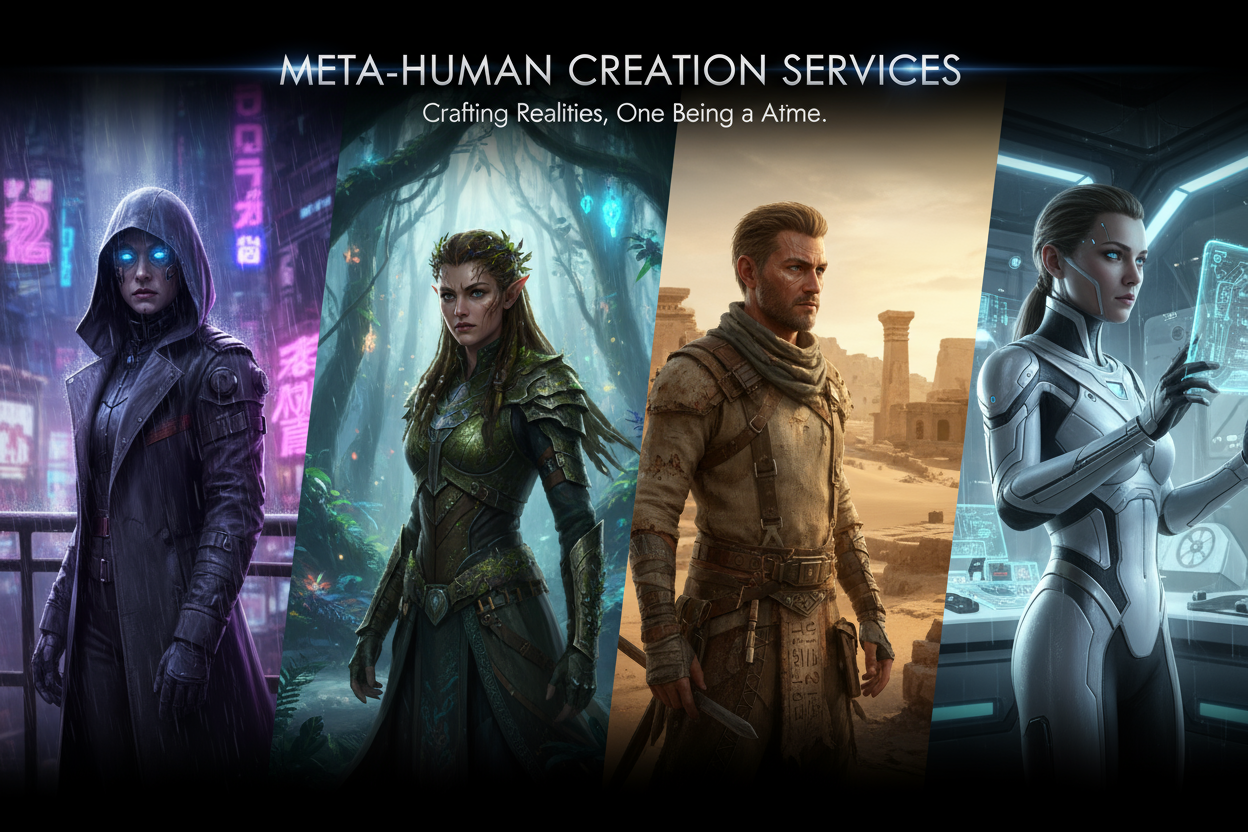 "Design banner image showcasing a lineup of distinct characters, each uniquely detailed with realistic textures, hairstyles, and outfits. Position these characters across varied, vividly rendered environments such as a neon cyberpunk city, enchanted forest, ancient desert ruins, and cutting-edge futuristic lab. Use dynamic lighting and shadow to highlight material realism and environmental atmosphere. Include close-ups on faces and full-body poses, blending high-detail character modeling with im