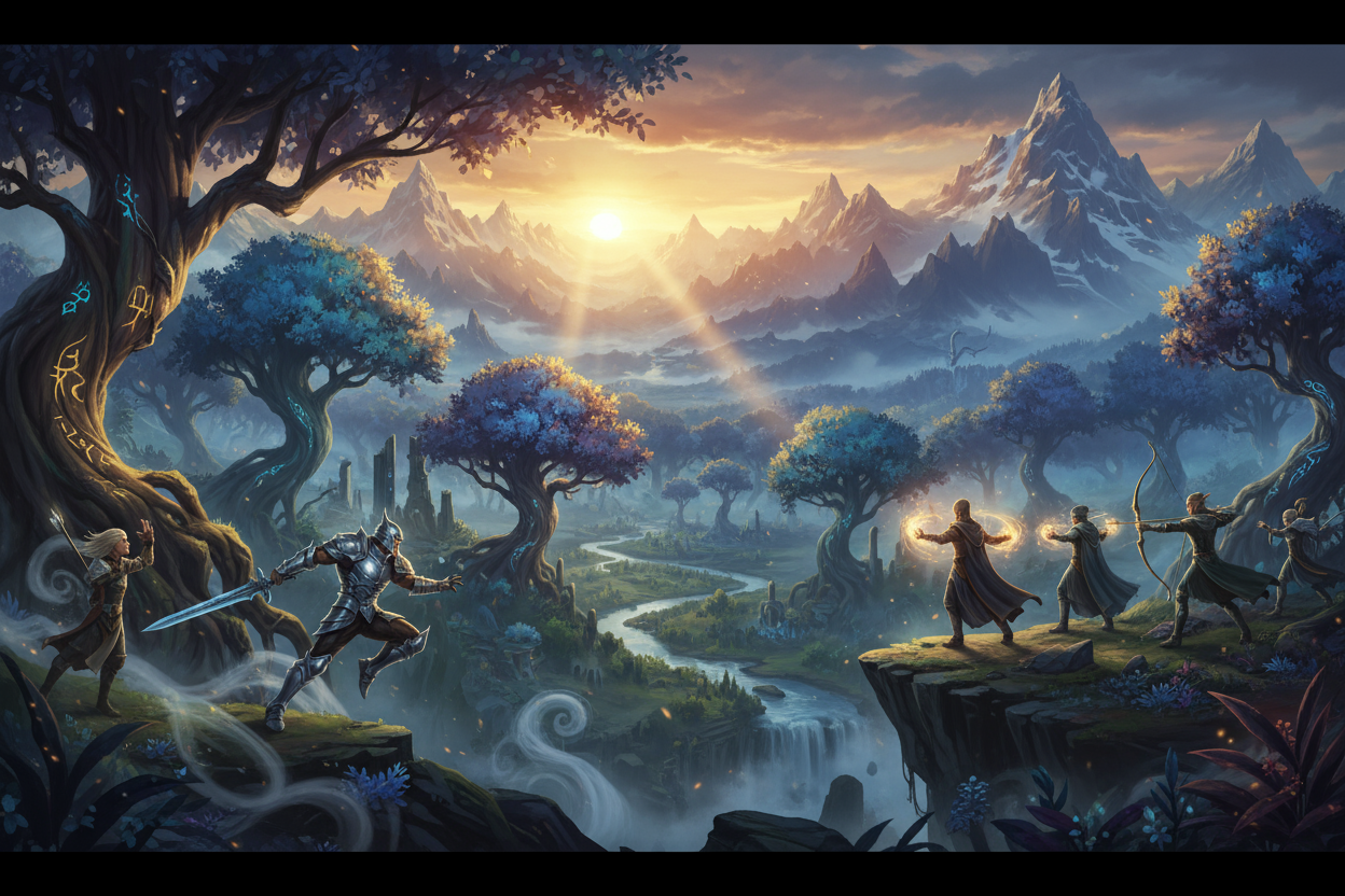 Envision a sweeping, cinematic vista of a mystical land with towering mountains, enchanted forests, and dynamic characters mid-action, capturing the essence of storytelling, fantasy, and immersive environment design. A long banner image