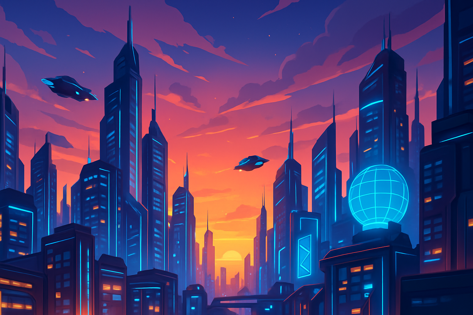 image of a futuristic city in 3d animation, a sunset time
