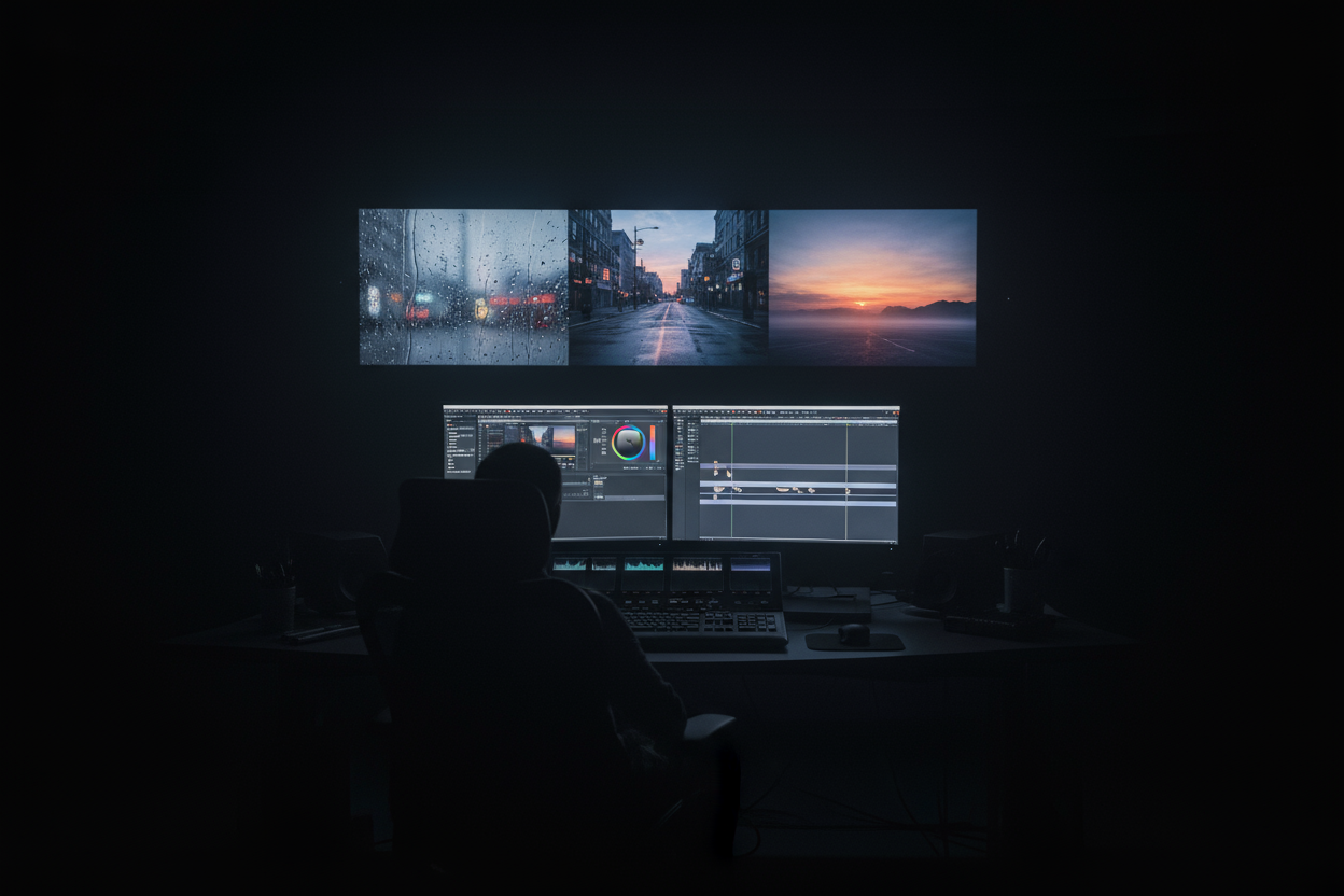 "Visualize a dimly lit editing suite where the screen displays a softly fading, slow-motion montage of nostalgic memories—raindrops on a window, empty streets, and distant sunsets. The timeline shows muted colors with subtle desaturation and gentle transitions, evoking a somber, reflective mood. The editor’s silhouette blends with the room’s shadows, capturing the quiet, emotional depth of storytelling through video editing."
